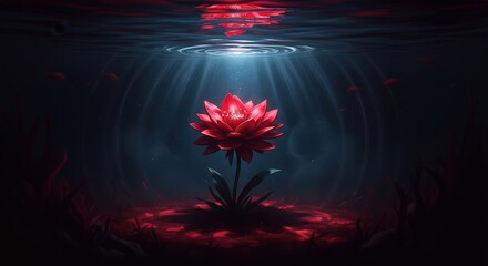 Red lotus flower underwater with light ray. Aquatic plant with blooming petals submerged in dark water. Concept of mystery, beauty, and growth for nature design.