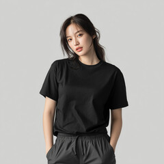 Obraz premium A beautiful female model wearing a black t-shirt. A product shot for fashion and apparel. best use for mockup.