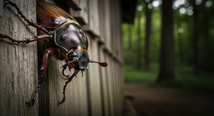 Close up of a large beetle on a wooden wall, with a green forest and pathway in the blurred background.