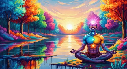 Man meditating in nature with glowing chakras. Spiritual energy and harmony concept. Colorful landscape for wellness and balance.