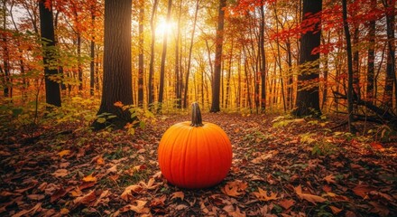 An orange pumpkin sits on a blanket of fallen autumn leaves in a forest showing the vibrant fall colors with sun rays.