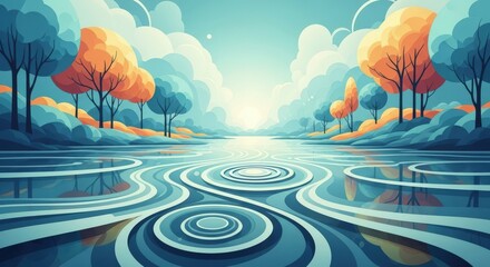 Stylized landscape with a river and trees against a cloudy sky. Digital art with abstract water ripples for nature concept.