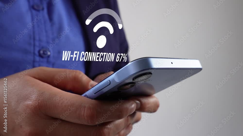 Poster businesswoman with smartphone and wi-fi signal icon loading animation with dynamic counter