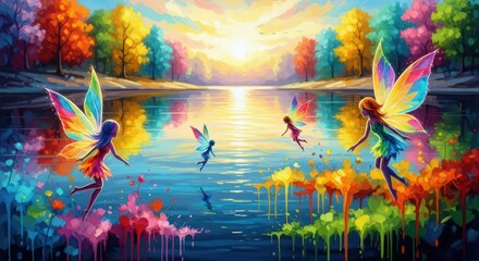 Fairies with colorful wings flying over a magical lake at sunset. Fantasy landscape for magical children's book.