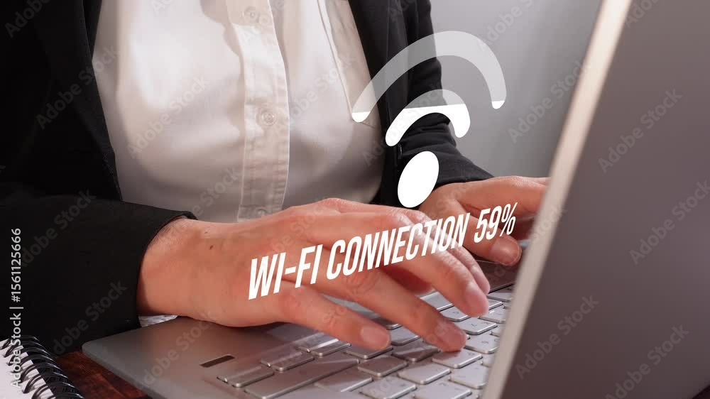 Poster businesswoman working on computer with wifi signal icon loading animation with dynamic counter