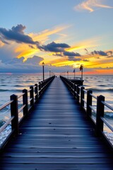 Obraz premium Serene Sunset Over the Ocean from Pier with Dramatic Cloudscape