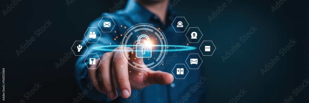 Poster a hand interacts with a digital security interface.