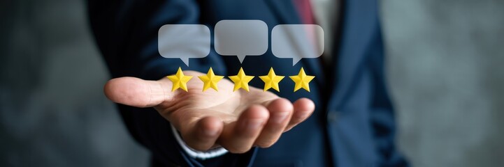 Hand holding virtual feedback ratings.