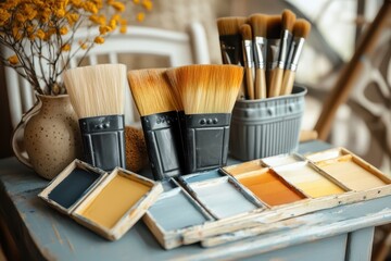 Paintbrushes and paint palettes on a rustic table.