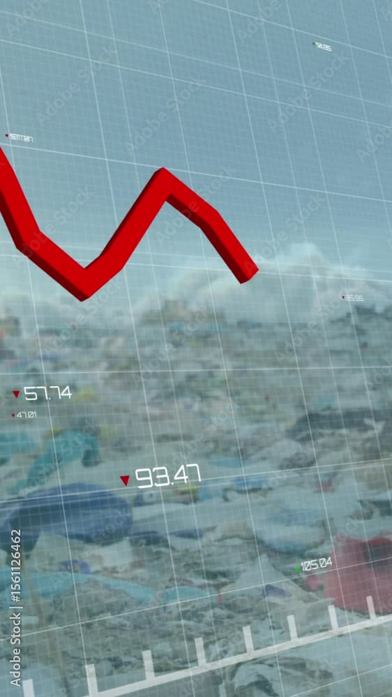 Poster animation of line graphs with numbers over clouds against low angle view of dumping ground