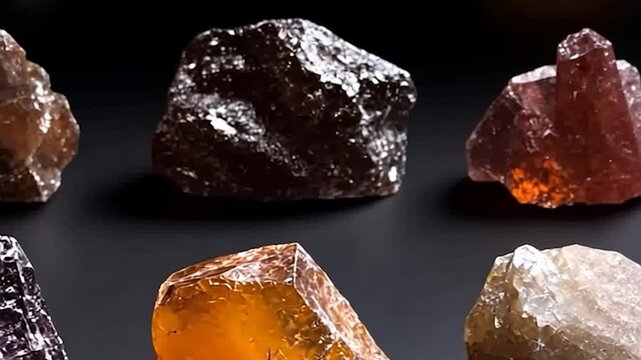 Close-up of various colorful crystal formations illuminated against a dark backdrop showcasing their texture and brilliance