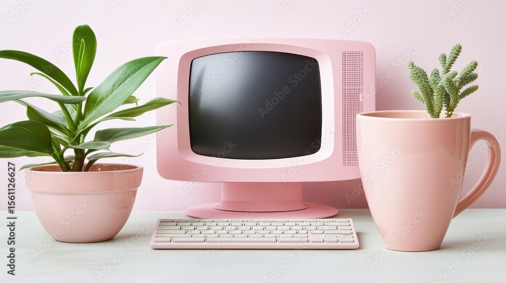 Aufkleber pink computer setup with plants and a keyboard.