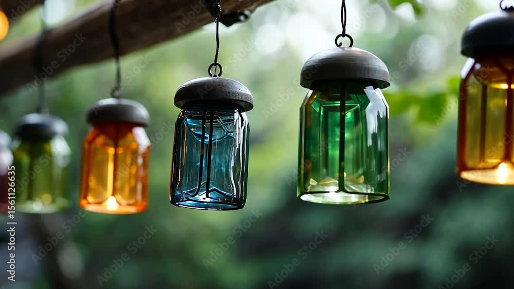 Poster close-up view of decorative colorful glass lanterns hanging from a tree branch against a blurred gre