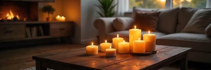 Cozy Living Room with Lit Candles Warm, Inviting Atmosphere, Soft Light, Home Decor
