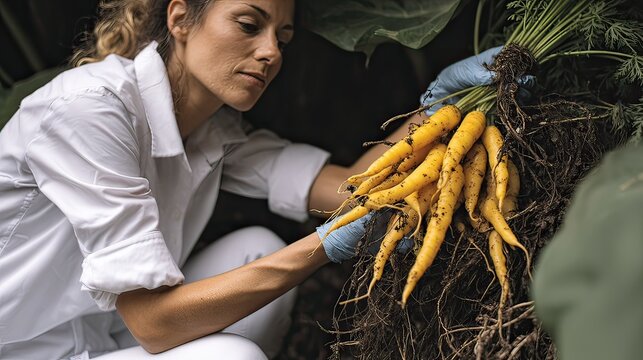 Woman harvesting yellow carrots in garden greenhouse - Powered by Adobe