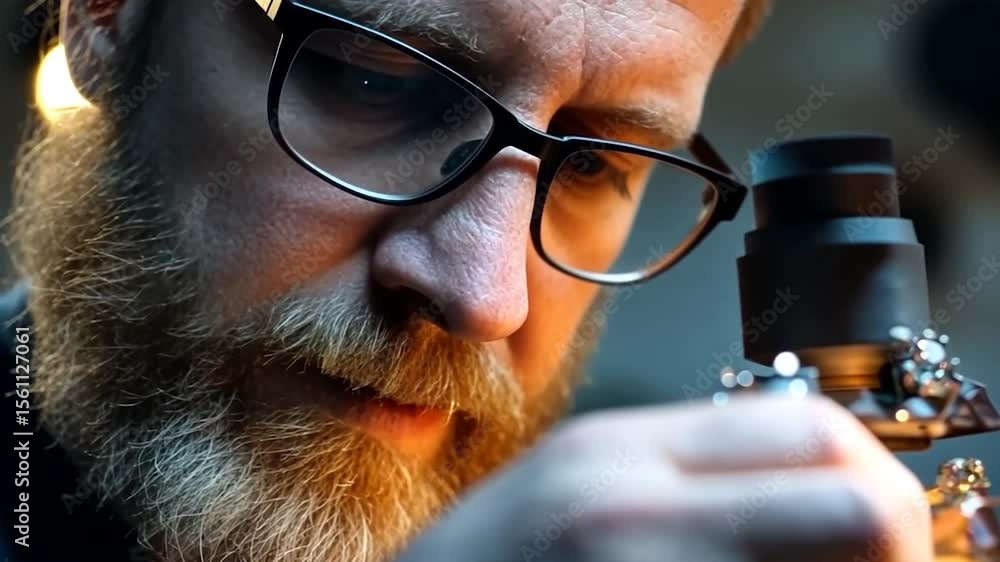Poster close-up of a man examining a small object through a microscope with a focused expression. the man h