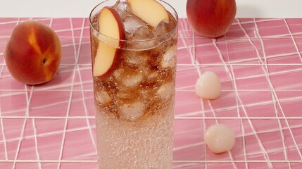Peach lychee iced tea drink on pink tile