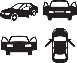 open door car silhouette icons set side, front, back, and top views vector art illustration 