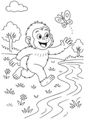 Obraz premium Coloring book of baby orangutan chasing butterfly near riverbank.