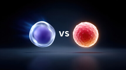 Digital illustration depicting blue cell and red cell facing each other, symbolizing comparison or competition. background is dark, enhancing