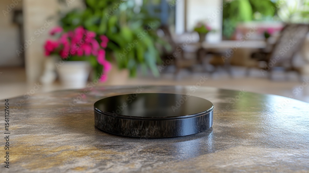 Poster black circular display stand on a textured surface.