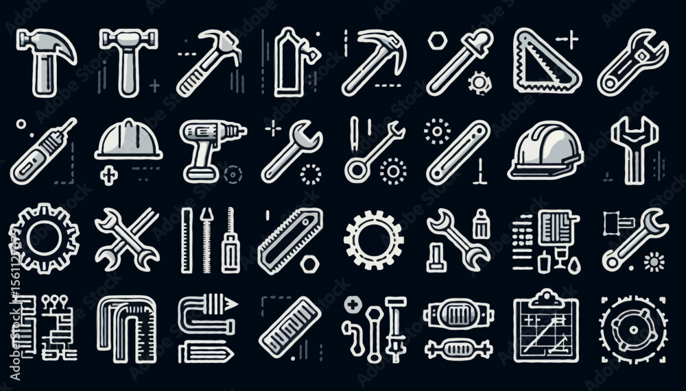 Poster black outline vector icons set with a tools and engineering theme