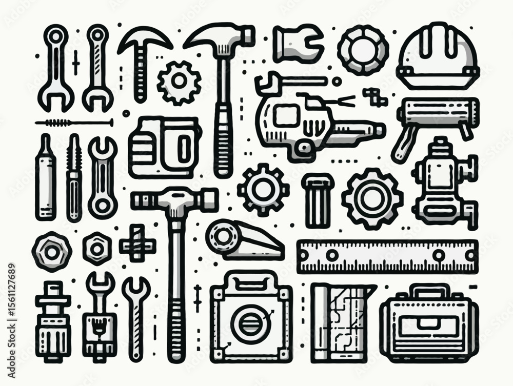 Poster black outline vector icons set with a tools and engineering theme
