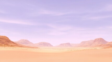 Naklejka premium Vast desert landscape under a pale sky. Gentle hills rise in the distance. Soft colors create a serene atmosphere..