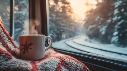 Cozy Winter Journey: Steaming Coffee, Warm Blanket, and Snowy Vista
