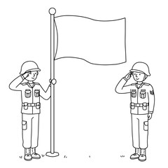 Two soldiers salute beside a flagpole in clean line art style.