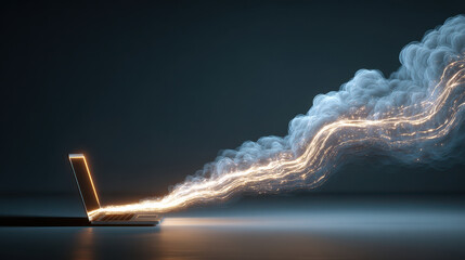 Glowing laptop emits stream of light and smoke, symbolizing creativity and innovation in technology