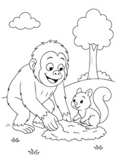 Coloring book of baby orangutan helping squirrel make a nest.