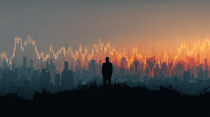Silhouette stands against vibrant city skyline, with abstract financial graphs overlaying scene, symbolizing growth and potential