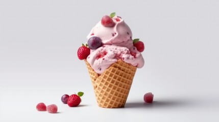 Scoops of Delicious Cherry Ice Cream in Waffle Cones on white Background