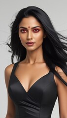 Fototapeta premium A confident woman with flowing black hair wears bold red eye makeup and a traditional red bindi on her forehead, dressed in a sleek black outfit against a plain gray background.