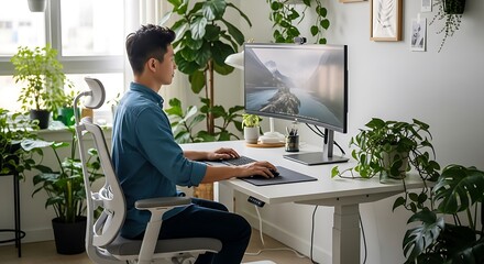 A young man is working on a computer at a desk surrounded by plants in a bright, modern home office.