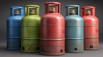 Collection of Vintage Gas Cylinders in Various Colors Red Green Blue Propane Tanks