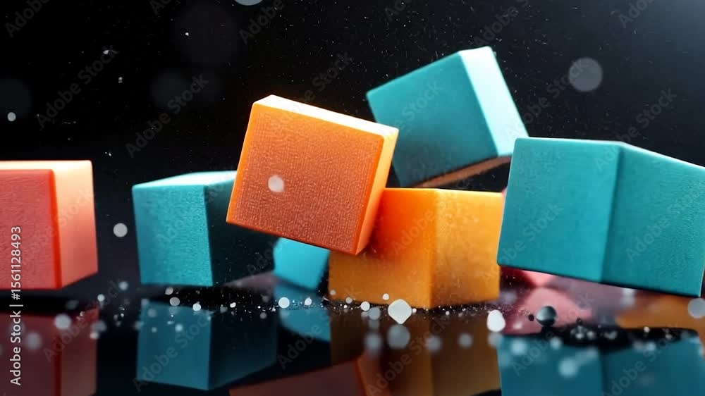 Aufkleber colorful geometric cubes in various colors suspended against a dark reflective surface with water dr