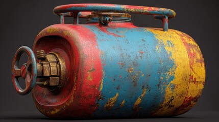 Vintage Industrial Tank Rusty Multicolored Metal Container with Wheel Valve