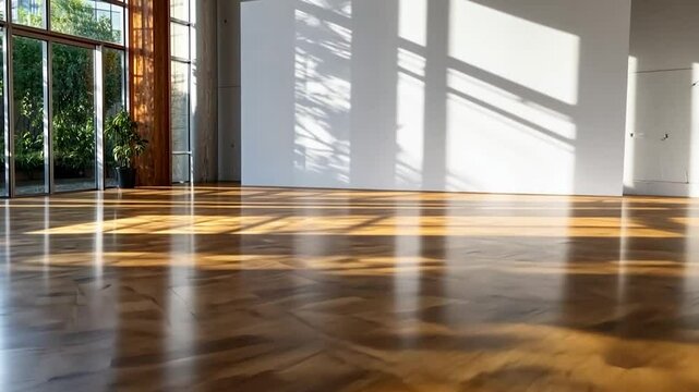 Empty interior space with sunlit parquet flooring and white walls shadows from window, modern architecture. The scene exudes a serene atmosphere with focus on light and shadow play