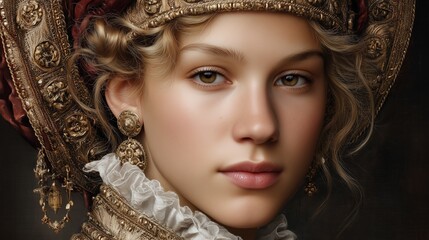 Fototapeta premium Blonde woman wearing ornate golden kokoshnik and large earrings, embodying Renaissance style elegance with curly hair and regal expression