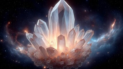 A luminous crystal cluster floats in space its facets shimmering against a cosmic backdrop - Powered by Adobe