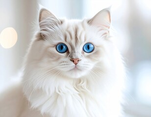 Fluffy white cat with big blue eyes