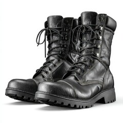Sturdy Black Leather Military Boots Pair Close Up Studio Shot Perfect for Fashion or Tactical Themes