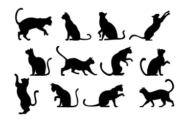 Elegant black cat silhouettes in various poses on a white background. Perfect for logos, decals, and apparel, with a sleek minimalist style.