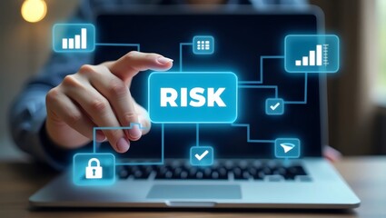 A business professional interacts with digital risk management icons on a laptop screen, symbolizing data security and analysis.