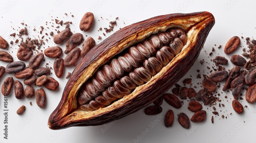 Poster open cacao pod with beans and cocoa nibs high resolution food