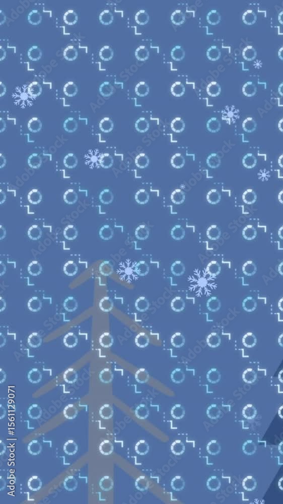 Poster animation of abstract pattern over snowflakes falling on christmas tree icons on blue background
