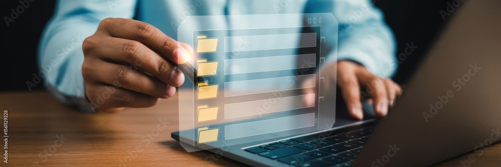 Aufkleber person interacts with a transparent file folder list on a laptop screen.