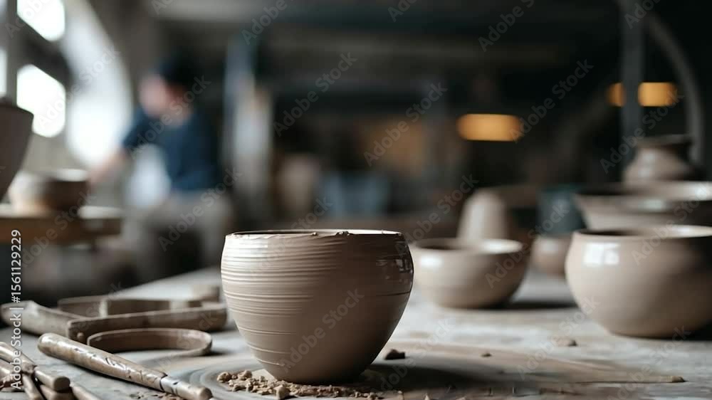 Poster close-up view of pottery clay vase and pottery tools on a wooden table with a blurred background of 